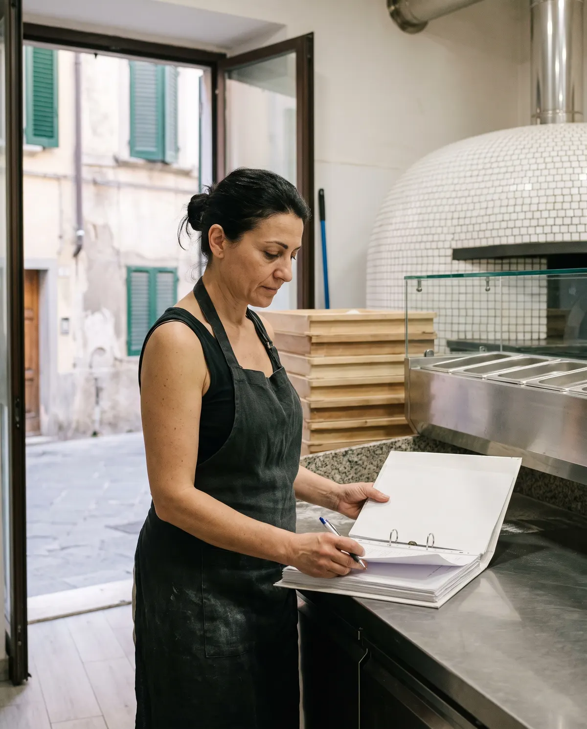 La titolare di una pizzeria legge il manuale di autocontrollo al banco, prima dell'apertura